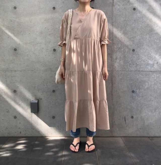 リネン混ティアードワンピース