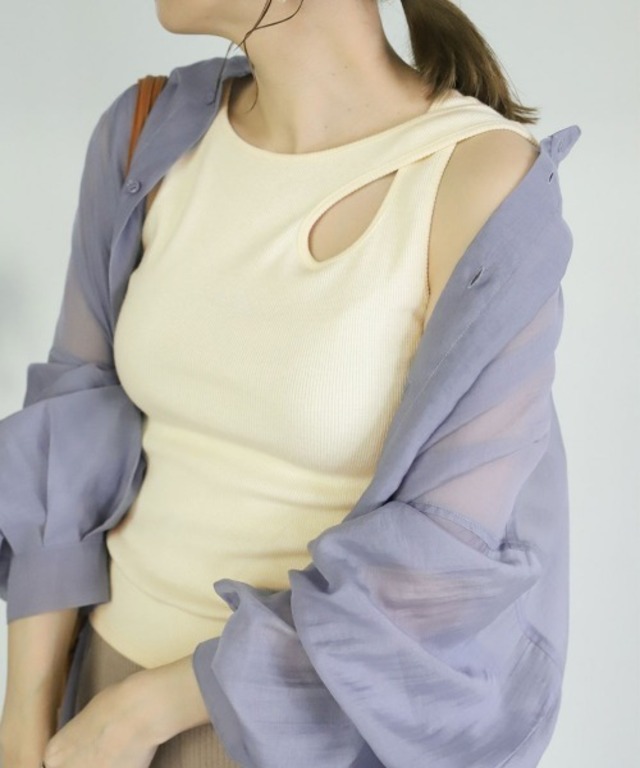 リブデザインタンクトップ/ノースリーブ変形デザイントップス