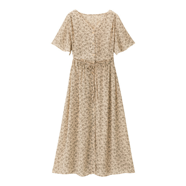 フラワープリントフロントボタンワンピース