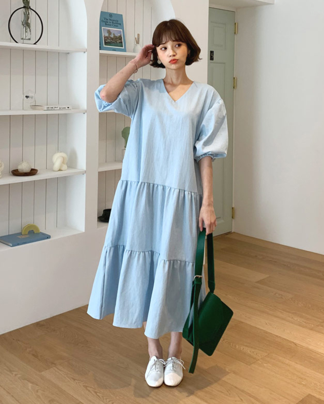 Vネックティアードワンピース