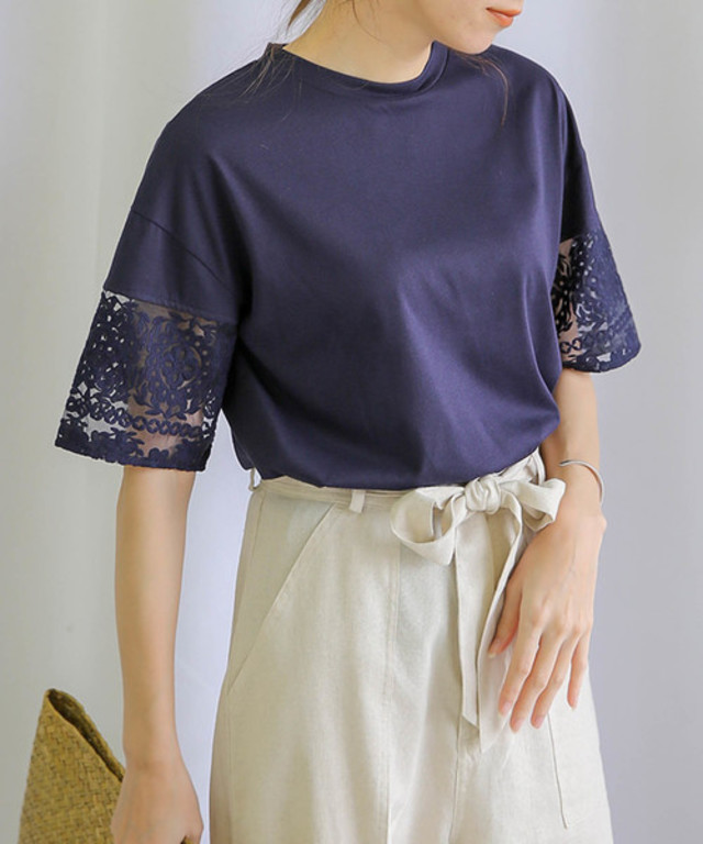 異素材レース半袖カットソー
