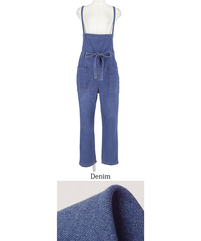 ウエストリボンストレッチデニムサロペット