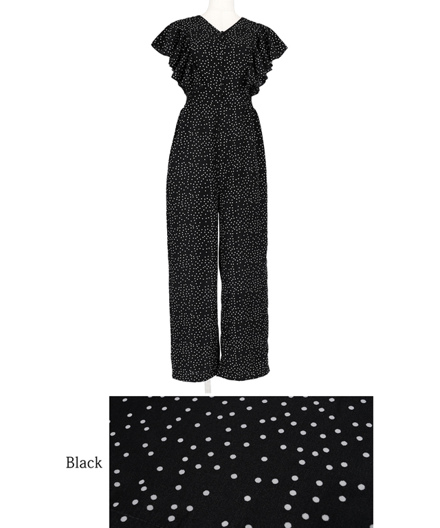 ドット柄袖フレアオールインワン