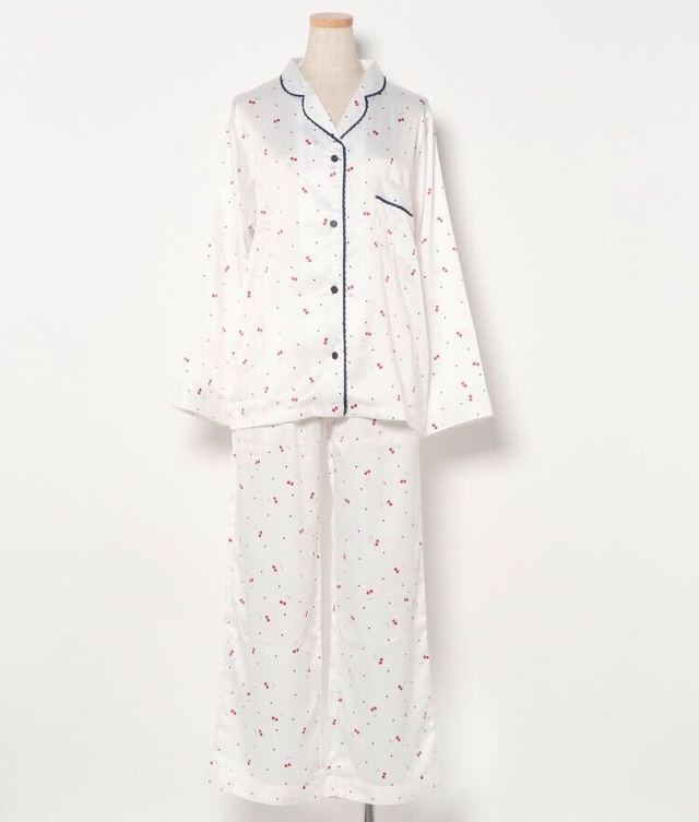 さくらんぼ柄 長袖 サテン パジャマ ルームウェア