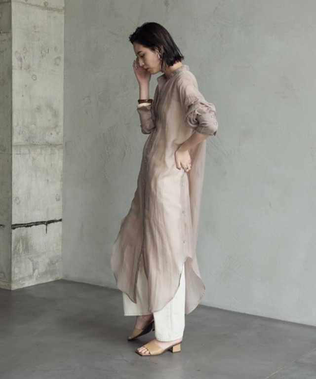 サイドボタンシアーロングシャツワンピース