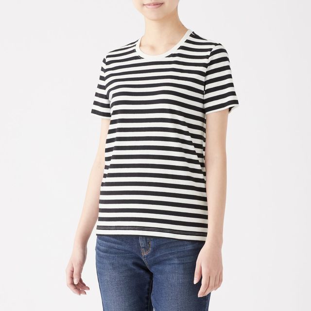 インド綿天竺編みクルーネック半袖Ｔシャツ（ボーダー）