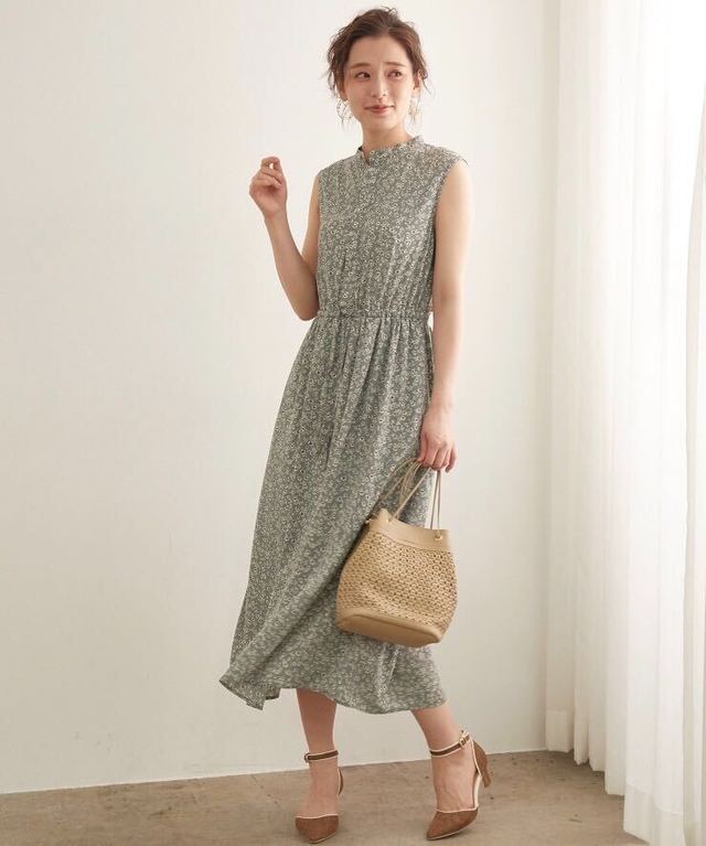 小花フラワープリントバンドカラーワンピース