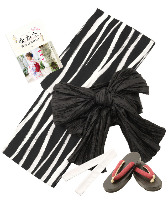 初心者OK！1人で簡単に着れる♪（ゆかた・作り帯・下駄・着付け説明本・腰ひも）豪華浴衣5点セット