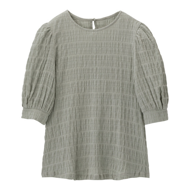 シアサッカーボリュームスリーブブラウス(5分袖)