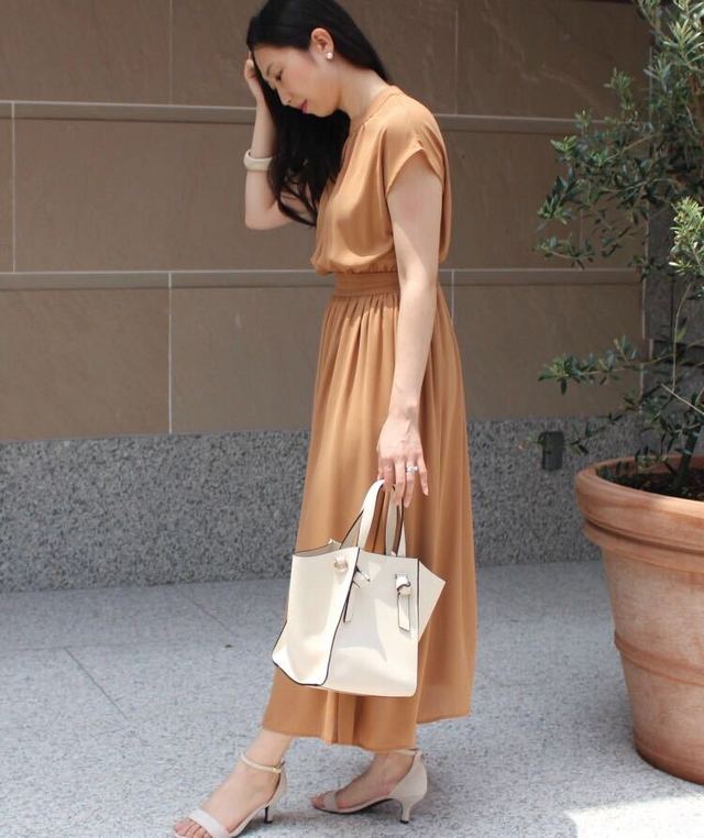 厚地ジョーゼットウエスト切替ワンピース