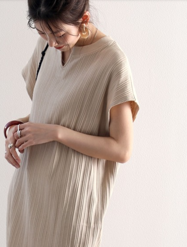 ランダムリブ 吸汗速乾 フレンチ無地コットンロング丈ワンピース（半袖）