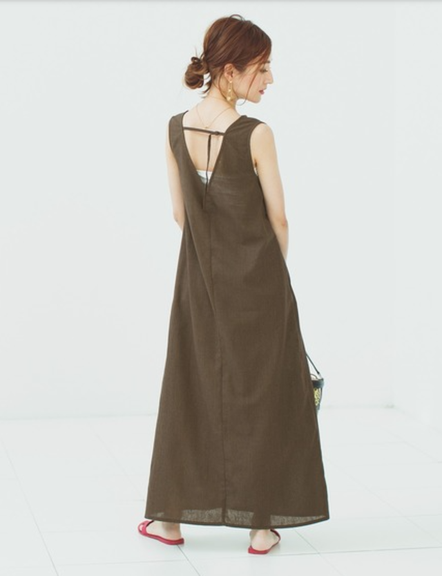 麻混バックシャンノースリーブワンピース