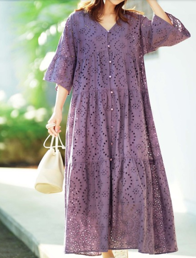 刺しゅうレースロングワンピース