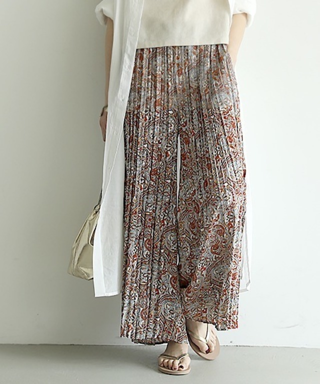 エスニック柄プリーツワイドパンツ