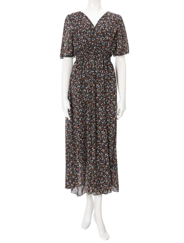 小花柄Vネックロングワンピース