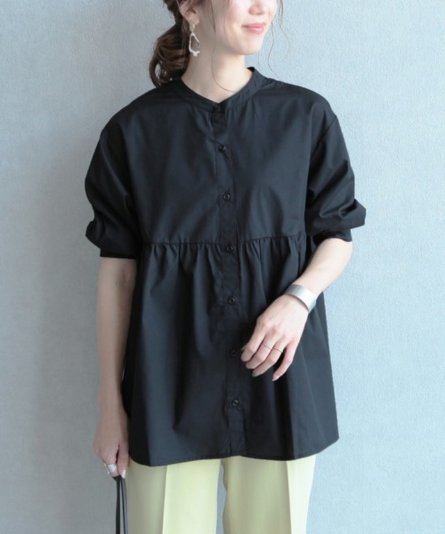 バンドカラーボリューム袖ギャザーフレアシャツ