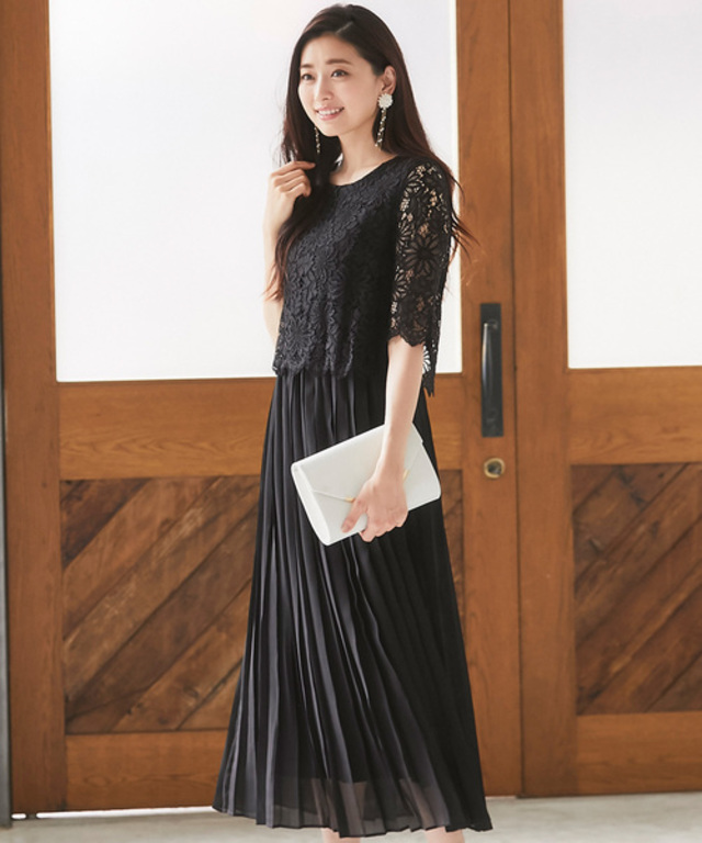 レースプリーツワンピースドレス