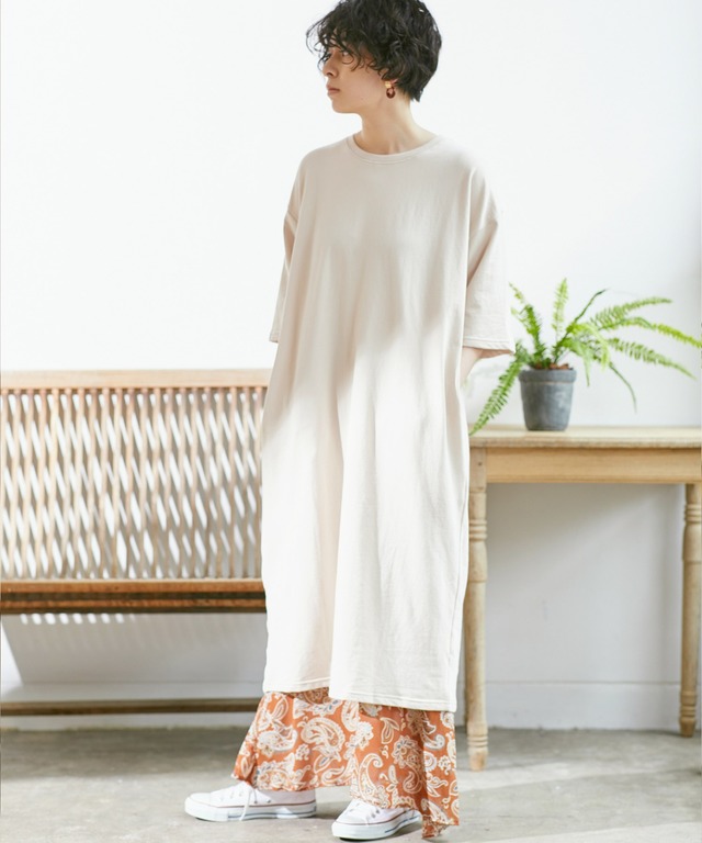 バルーンスリーブ ポケット付き 7分袖 ミニ裏毛スウェットワンピース