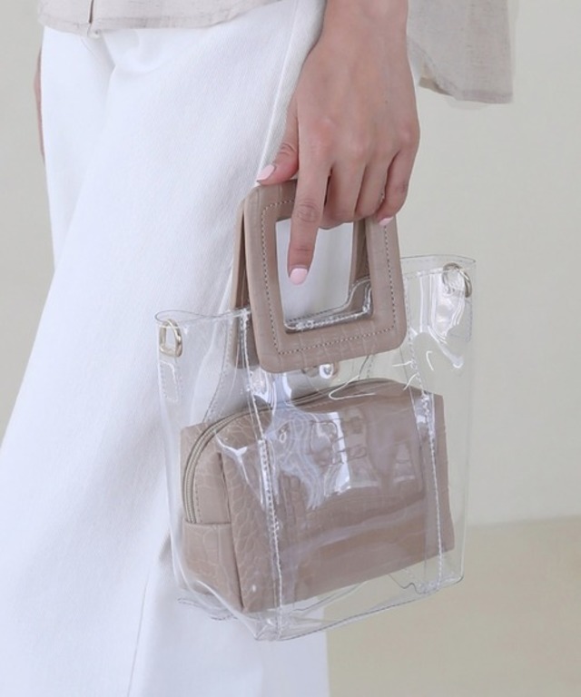 2wayクリアクロコミニバッグ/ポーチ付きpvcクロコハンドルバッグ/ショルダーバッグ