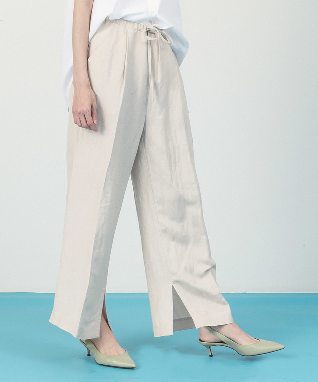 Linen Rayon Wide Pants - GRAY BEIGE