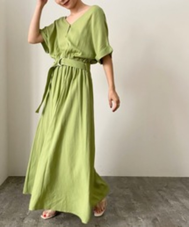 前後２WAYリネンライクベルト付きロングワンピース