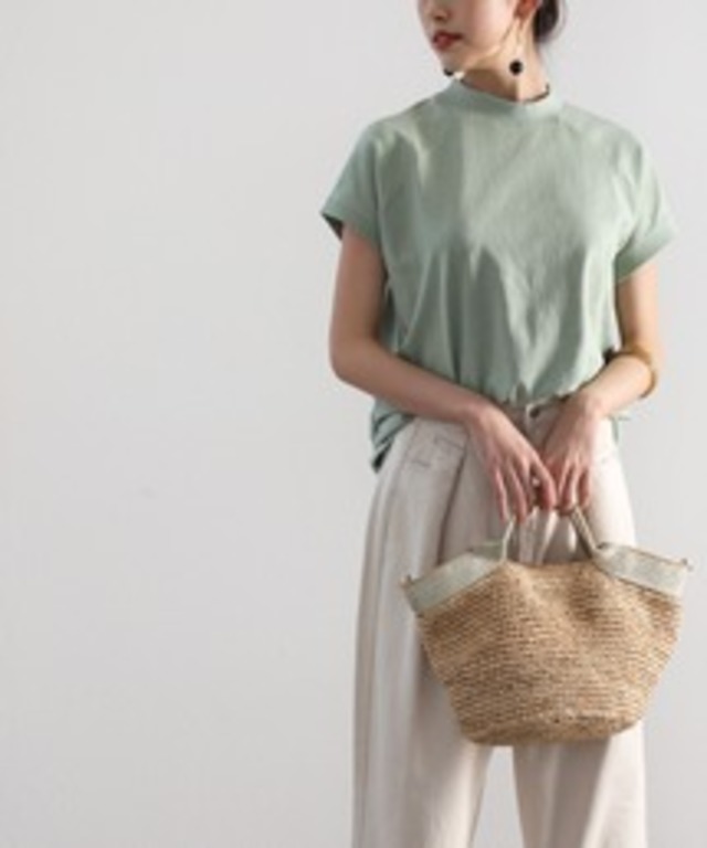 無地ミドル丈クルーネックフレンチラグランモックネックTシャツ(半袖)