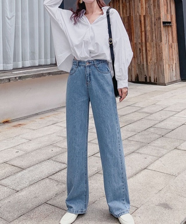 ハイウエストバックゴム ストレートデニム