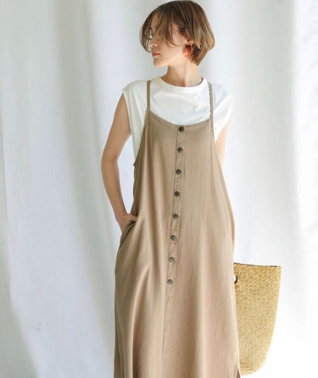 フレンチリネンボタンデザインキャミワンピース