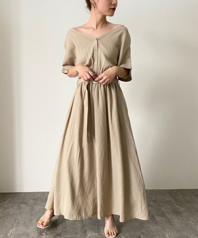 前後２WAYリネンライクベルト付きロングワンピース