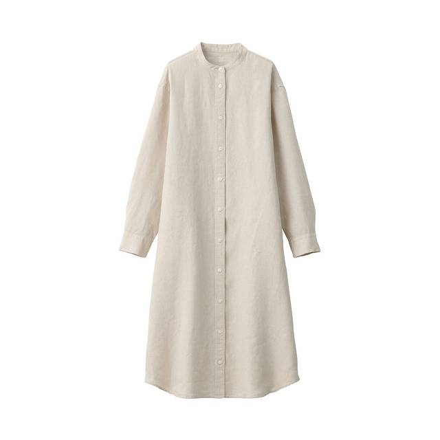 フレンチリネン洗いざらしスタンドカラーワンピース