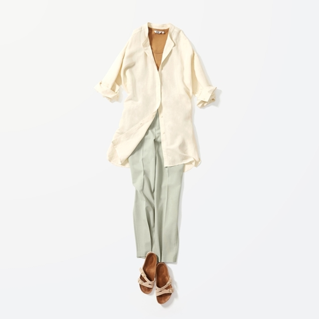 リネンブレンドスタンドカラーチュニック（長袖）