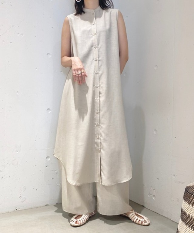 スラブノースリーブバンドカラーマキシ丈ワンピース