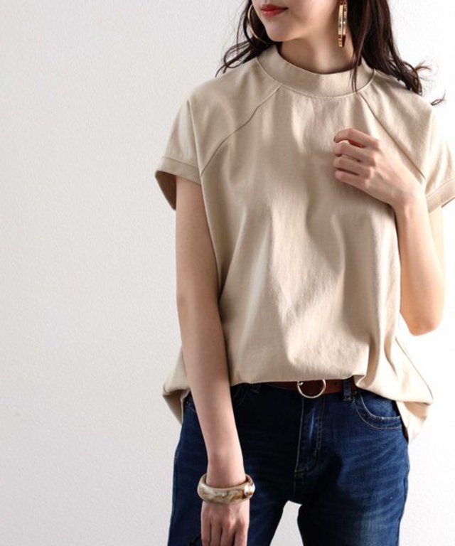 無地ミドル丈クルーネックフレンチラグランモックネックTシャツ