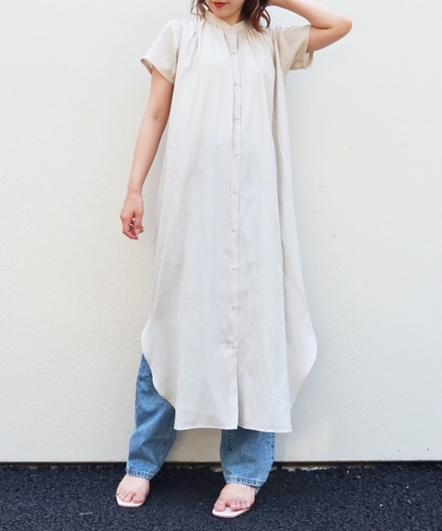 バンドカラー半袖シャツワンピ