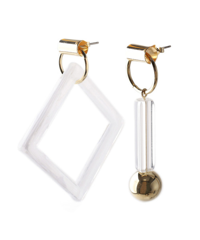 クリアバーとスクエアのアシンメトリーピアス