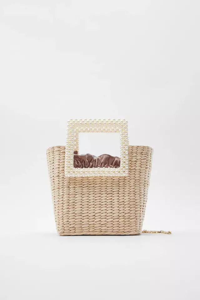 フェイクパールハンドル付きストローバッグ