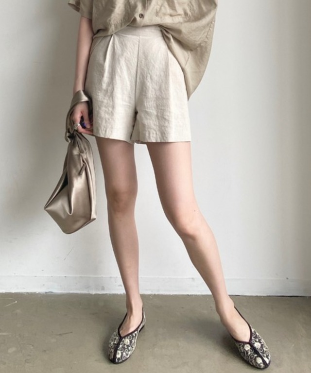 麻リネン/キュロットパンツハイウエスト/ウエストゴム/ショートパンツ