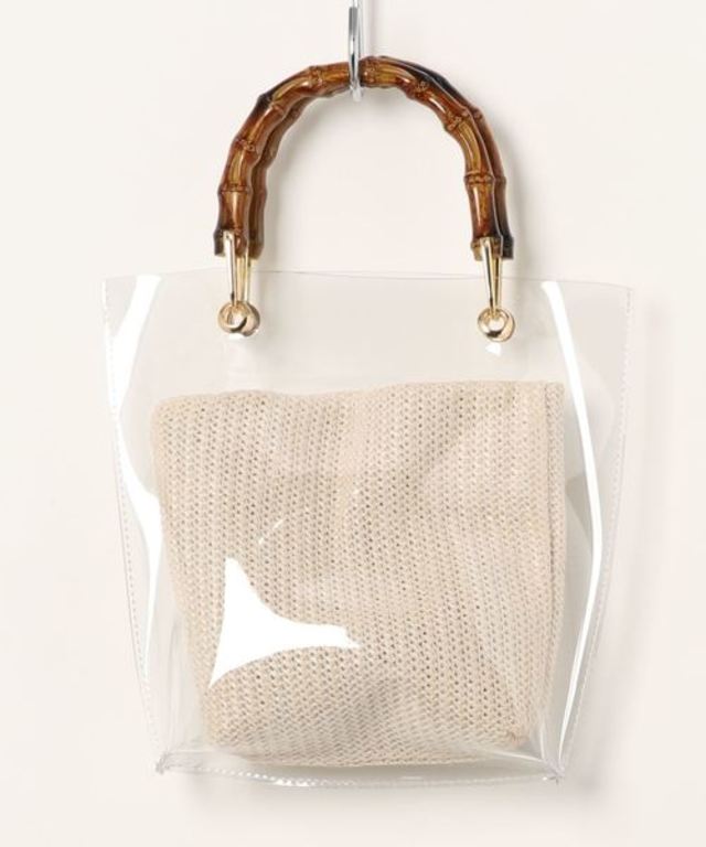 かごポーチ付きバンブーハンドルビニールクリアバッグ