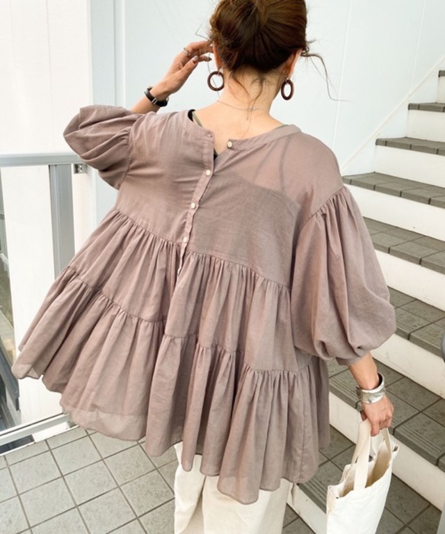 2wayノーカラーシアーコットンブラウス