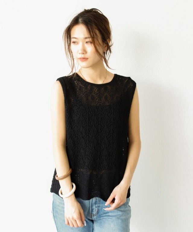 クロシェ編みバックスプリットタンク : リネンブレンド