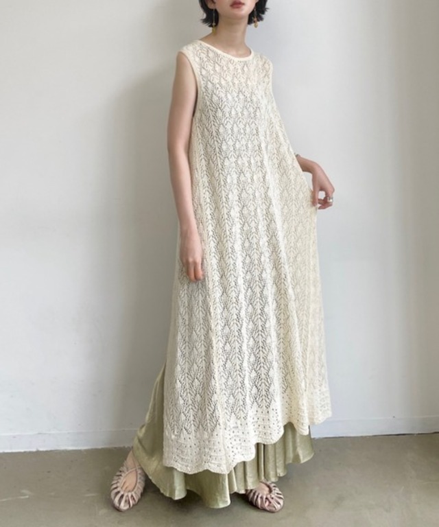 麻/鍵編みサマーニット/バックオープンノースリサマーニットワンピース