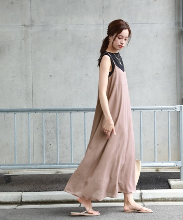 シフォン楊柳フレアーマキシキャミワンピース