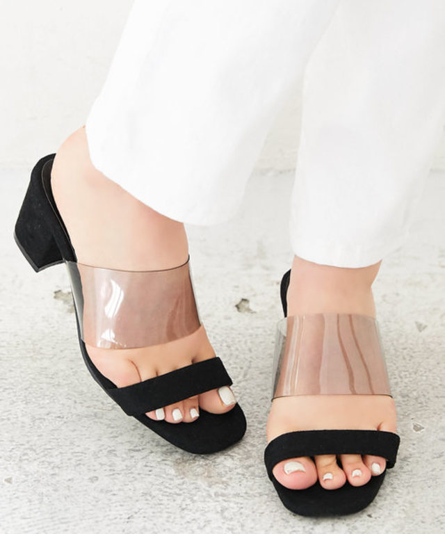 クリアベルト異素材スクエアトゥサボサンダル