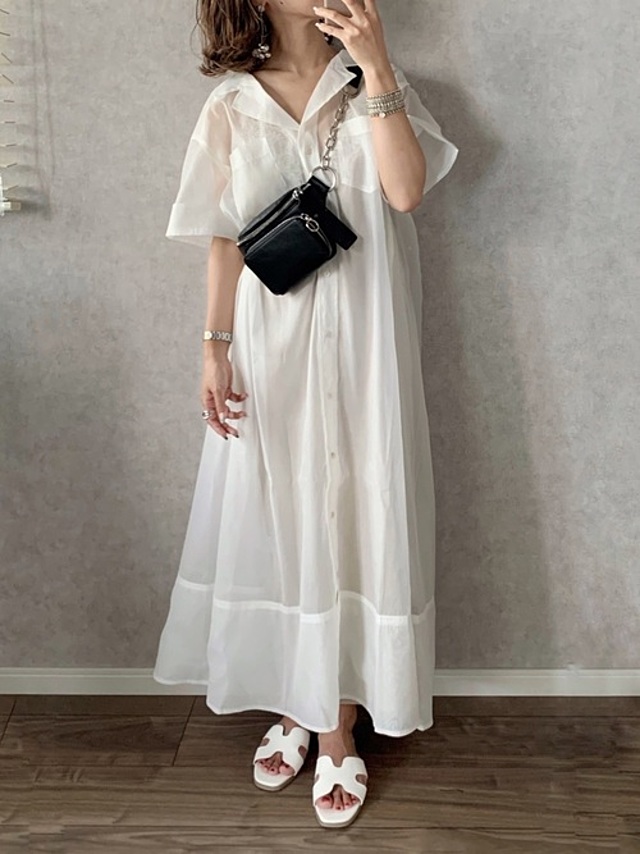 インナーワンピ付きシアーロングシャツワンピ