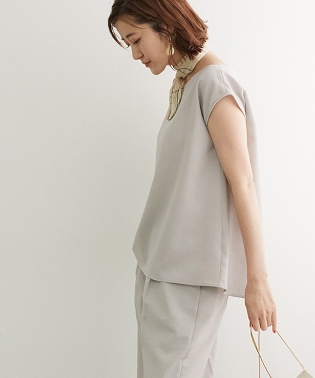 麻調ベルト付きフレンチスリーブブラウス