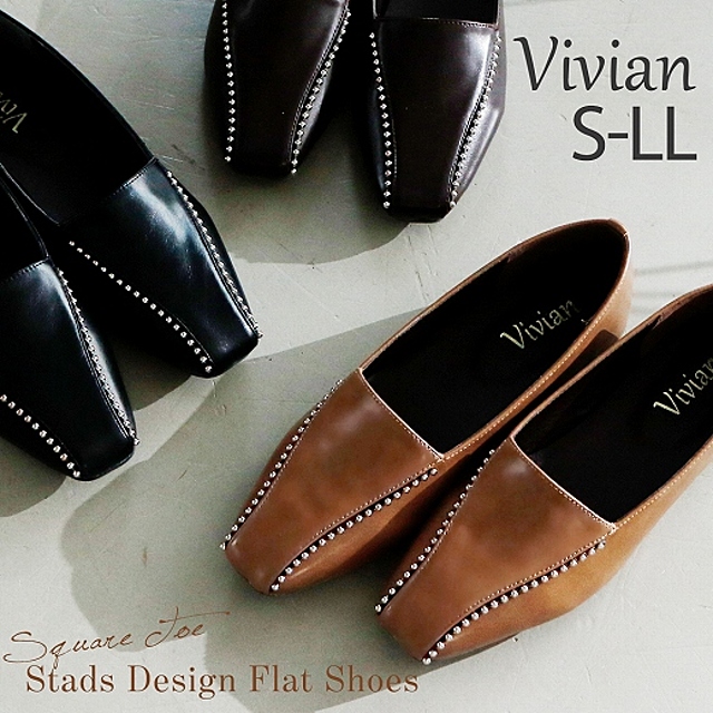 スクエアトゥスタッズデザインフラットシューズ