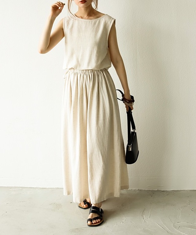 リネン混・ノースリーブ フレアワンピース