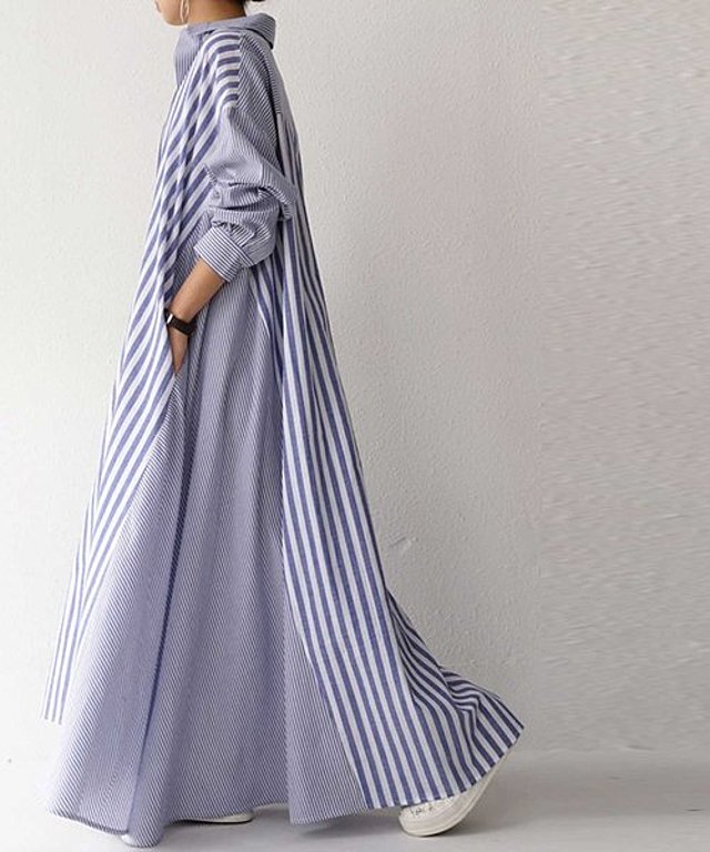 たっぷりボリュームロング。ストライプシャツワンピ