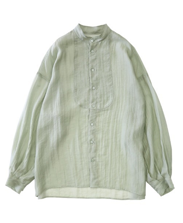 【2020A/W 新色追加】シアーポプリンブザム切替えバンドカラーBigシースルーシャツ/スタンドカラールーズシルエットペールカラーロングシアーシャツ/シアーブラウス