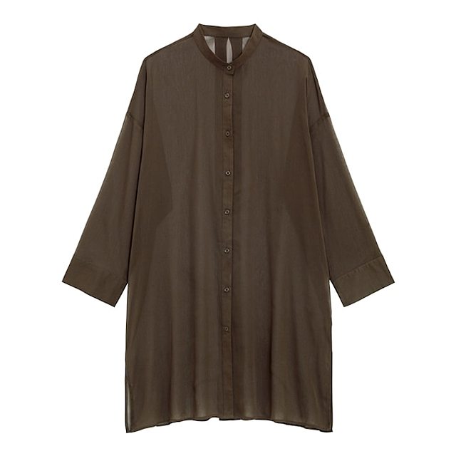 シアーバンドカラーロングシャツ